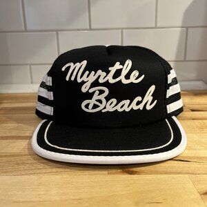 VTG Myrtle Beach 3 Stripe Trucker Snapback Hat Cap Black White Logo Tourist
